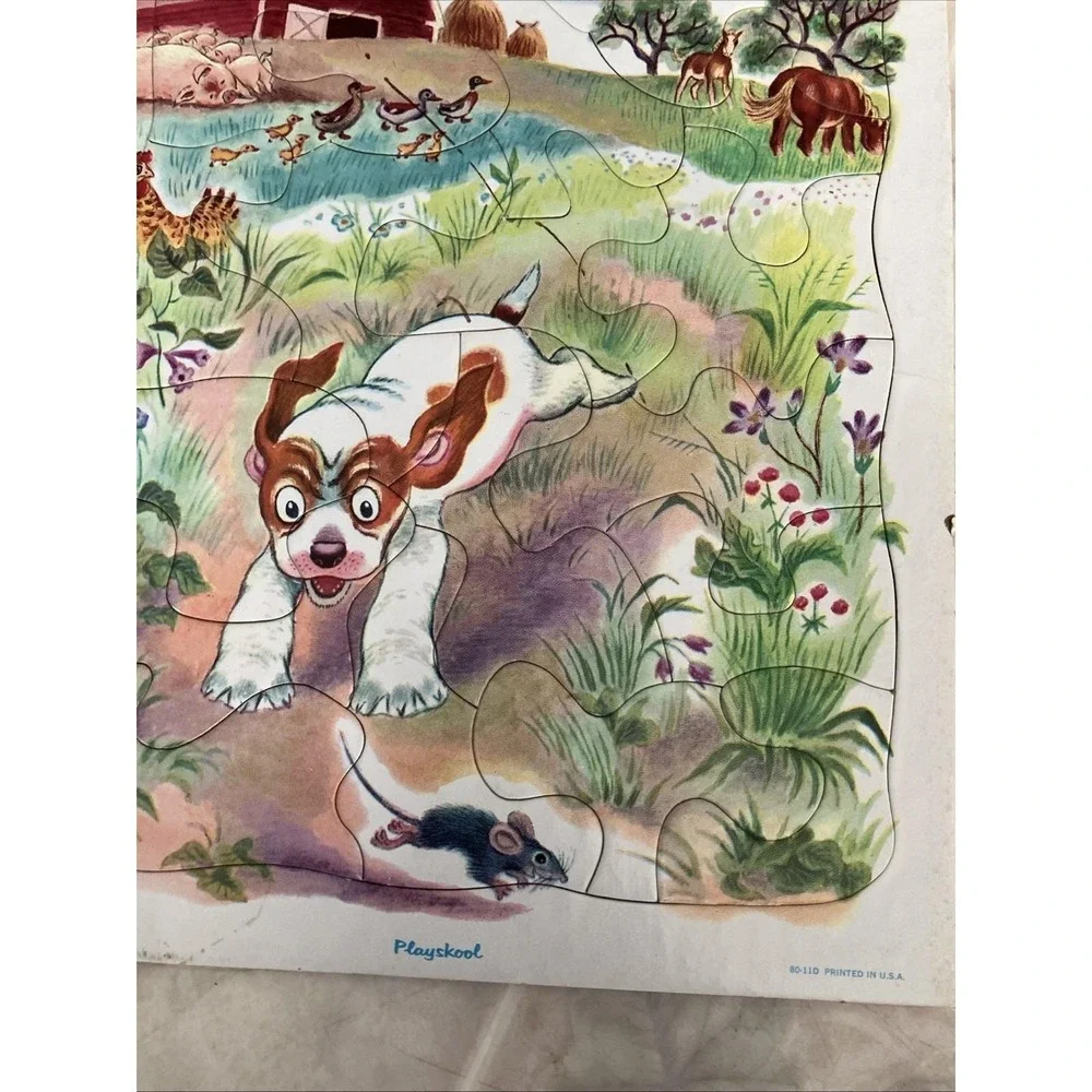 Vintage Playskool Frame Tray Puzzle Puppy in barnyard Golden Press No 80-11D